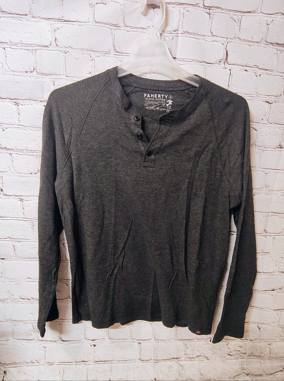 Faherty Mens Cloud Cotton Henley Newport Long Sleeve Charcoal Medium Pima Cotton